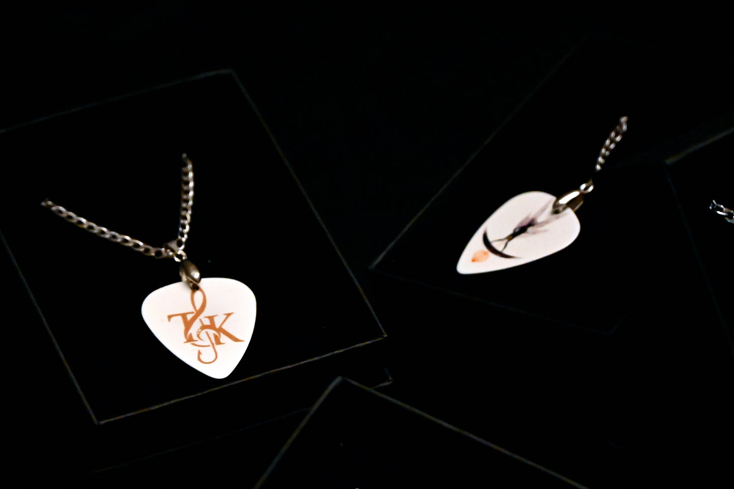 Guitar pick-shaped pendant and leaf-shaped earring on a black background