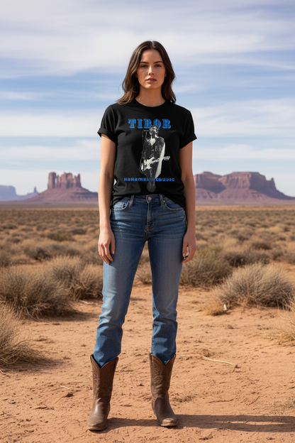 Blue design on black t-shirt desert mockup