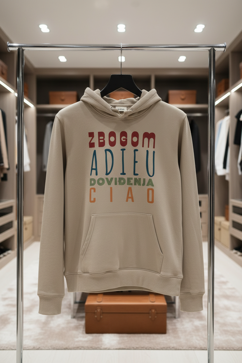 Zbogom adieu hoodie with neutral lighting